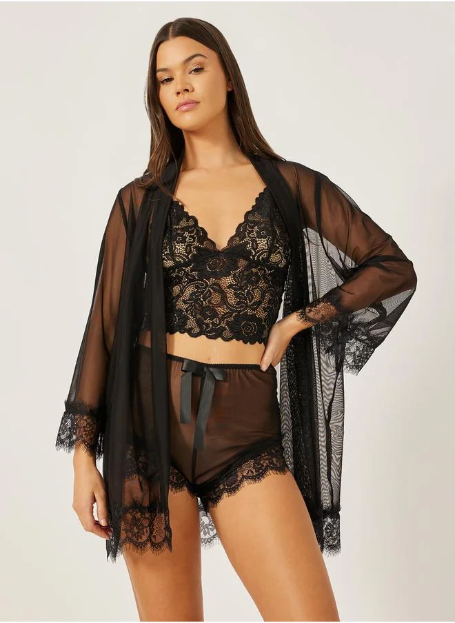 ستايلي Pack of 3 - Lace Bralette- Mesh Shorts and Robe