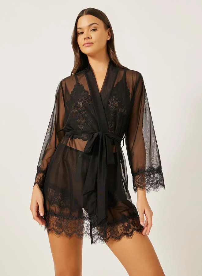 Styli Styli Pack of 3 - Lace Bralette- Mesh Shorts and Robe