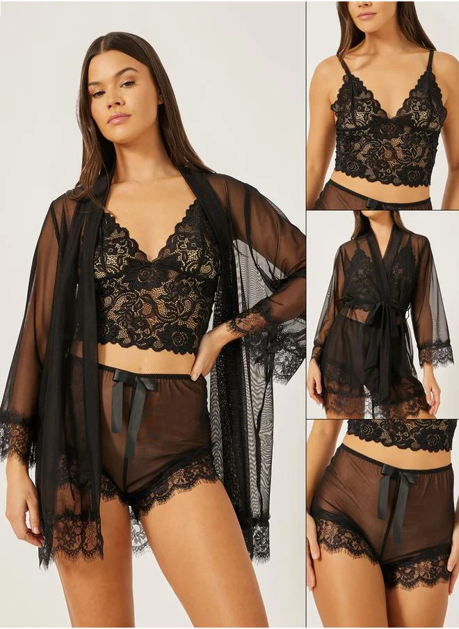 ستايلي Pack of 3 - Lace Bralette- Mesh Shorts and Robe