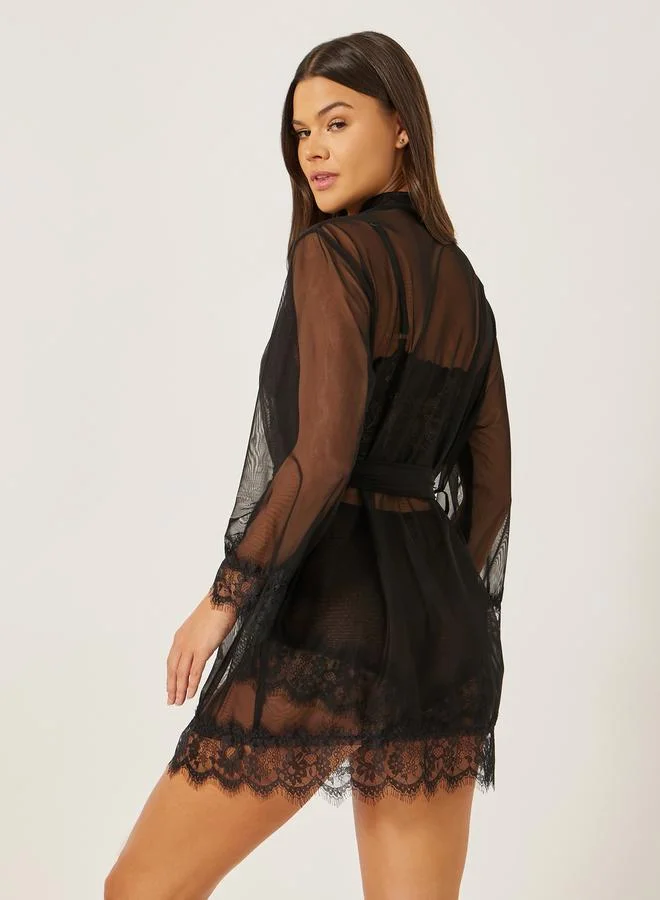 Styli Styli Pack of 3 - Lace Bralette- Mesh Shorts and Robe