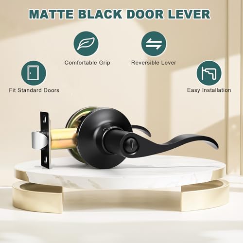 GOBEKOR 1 Pack Privacy Door Levers Matte Black Lever Door Handles Interior for Bedroom and Bathroom Door Locks Wave Door Handles - Image 2