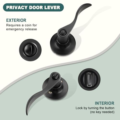 GOBEKOR 1 Pack Privacy Door Levers Matte Black Lever Door Handles Interior for Bedroom and Bathroom Door Locks Wave Door Handles - Image 3
