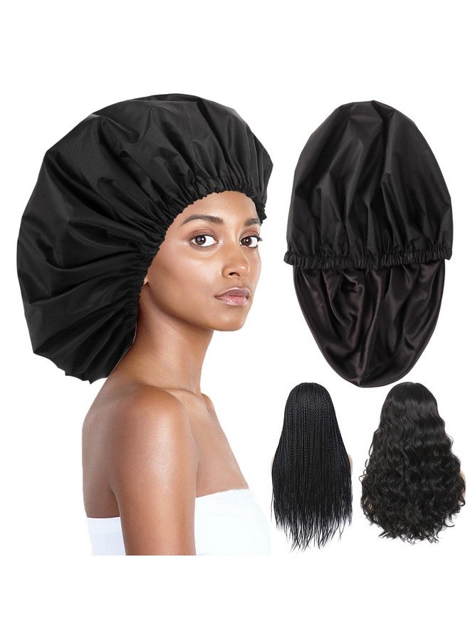Himoswis Shower Cap For Braidsextra Large Shower Cap For Womenbraid Shower Cap For Long Braidsadjustable Jumbo Shower Cap Reusable Waterproof For Thick Long Hairlocs (Xlargesatin Lined Black)  - Image 1