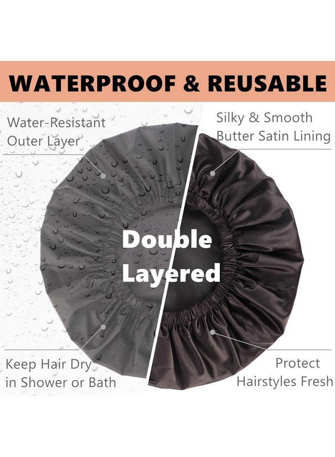 Himoswis Shower Cap For Braidsextra Large Shower Cap For Womenbraid Shower Cap For Long Braidsadjustable Jumbo Shower Cap Reusable Waterproof For Thick Long Hairlocs (Xlargesatin Lined Black)  - Image 2