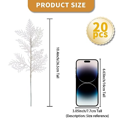 Kunjocy 20Pcs Christmas Tree Picks Sprays 10.4" Glitter Artificial Pine Needles Branches Twigs Fake Pine Stems Picks for Xmas Tree Holiday Arrangement Crafts DIY Garland Wreath Home Decor (20, White) - Image 2