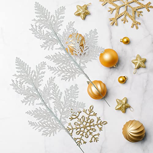 Kunjocy 20Pcs Christmas Tree Picks Sprays 10.4" Glitter Artificial Pine Needles Branches Twigs Fake Pine Stems Picks for Xmas Tree Holiday Arrangement Crafts DIY Garland Wreath Home Decor (20, White) - Image 5