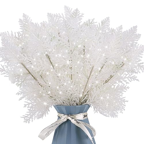 Kunjocy 20Pcs Christmas Tree Picks Sprays 10.4" Glitter Artificial Pine Needles Branches Twigs Fake Pine Stems Picks for Xmas Tree Holiday Arrangement Crafts DIY Garland Wreath Home Decor (20, White) - Image 1