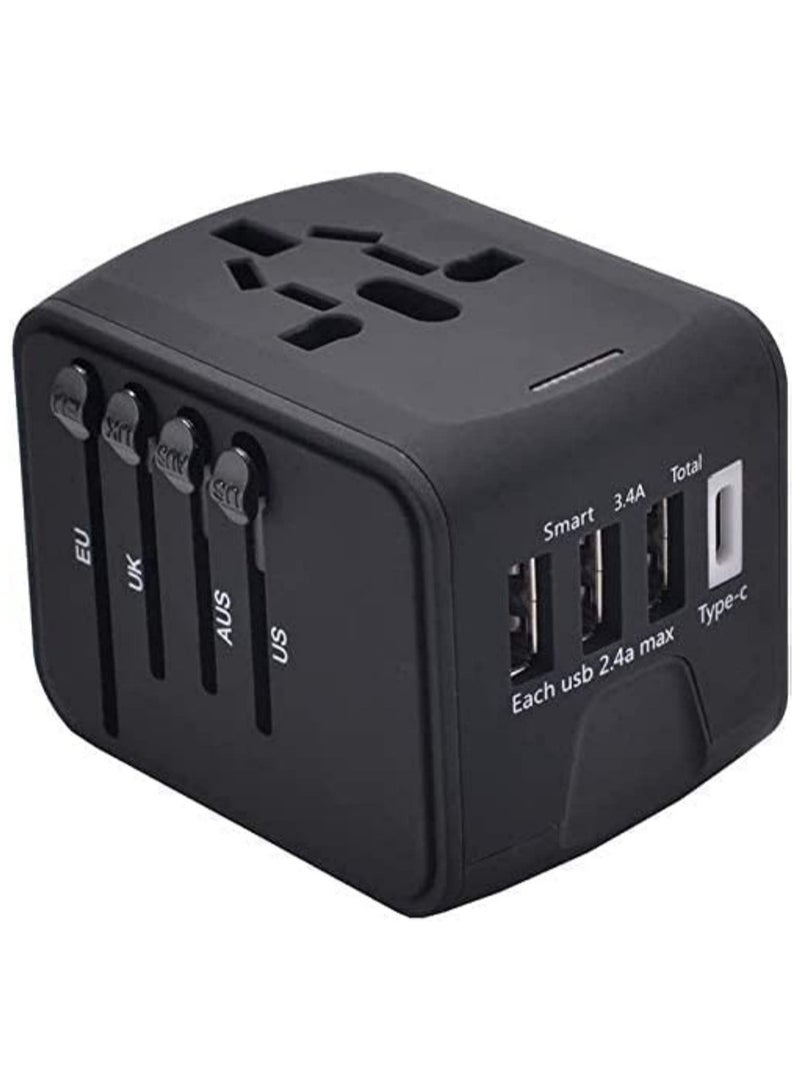 Universal Travel Adapter with Multiple Regional Power Socket Plugs for UK US AU and Plug Adaptor with 3 Ultra Fast USB Charging Port and 1 Brisk USB Type C Port Black - Image 1
