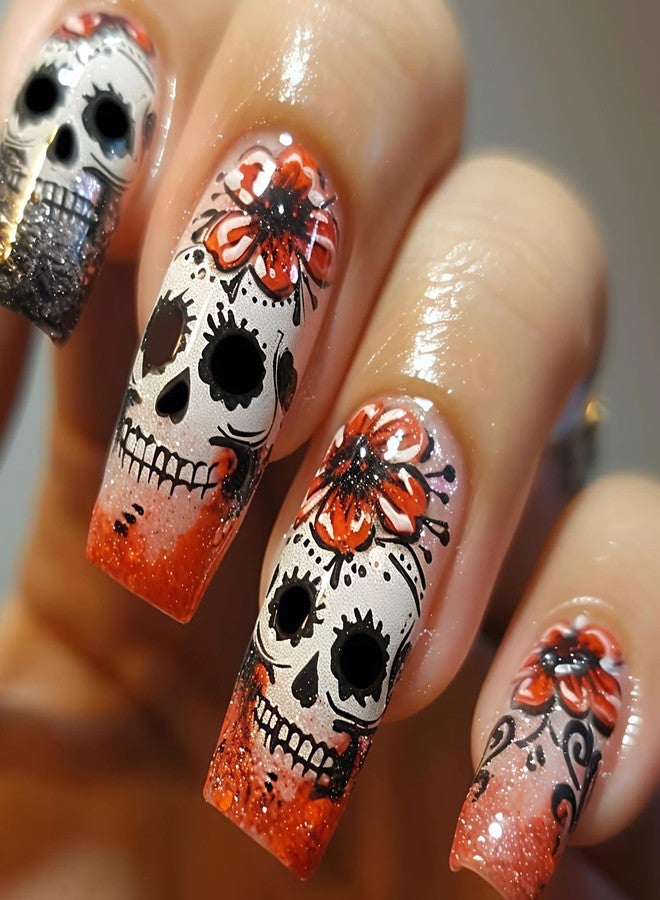 KKUUOO Halloween Press on Nails, Medium Square Fake Nails, Orange Acrylic Stick on Nails with Skull & Flower Design for Women Girls, Full Cover Reusable 24Pcs - Image 1