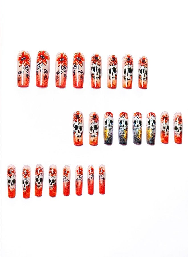 KKUUOO Halloween Press on Nails, Medium Square Fake Nails, Orange Acrylic Stick on Nails with Skull & Flower Design for Women Girls, Full Cover Reusable 24Pcs - Image 4