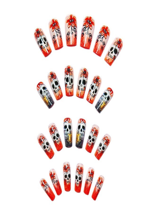 KKUUOO Halloween Press on Nails, Medium Square Fake Nails, Orange Acrylic Stick on Nails with Skull & Flower Design for Women Girls, Full Cover Reusable 24Pcs - Image 5