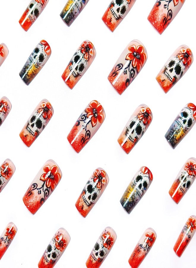 KKUUOO Halloween Press on Nails, Medium Square Fake Nails, Orange Acrylic Stick on Nails with Skull & Flower Design for Women Girls, Full Cover Reusable 24Pcs - Image 3