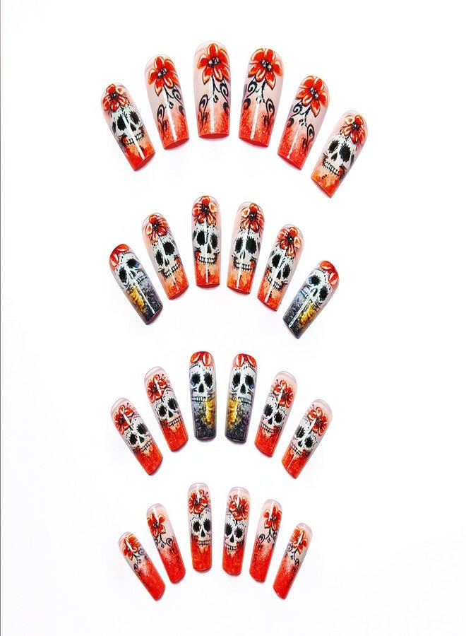 KKUUOO Halloween Press on Nails, Medium Square Fake Nails, Orange Acrylic Stick on Nails with Skull & Flower Design for Women Girls, Full Cover Reusable 24Pcs - Image 2