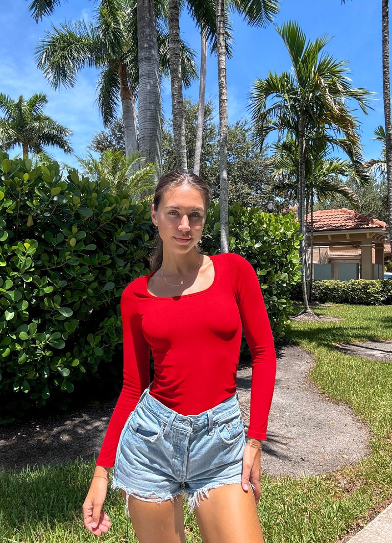 OQQ Women's Bodysuits Ruched Long Sleeve Square Neck Lounge Stretch Travel Bodysuits Red - Image 2