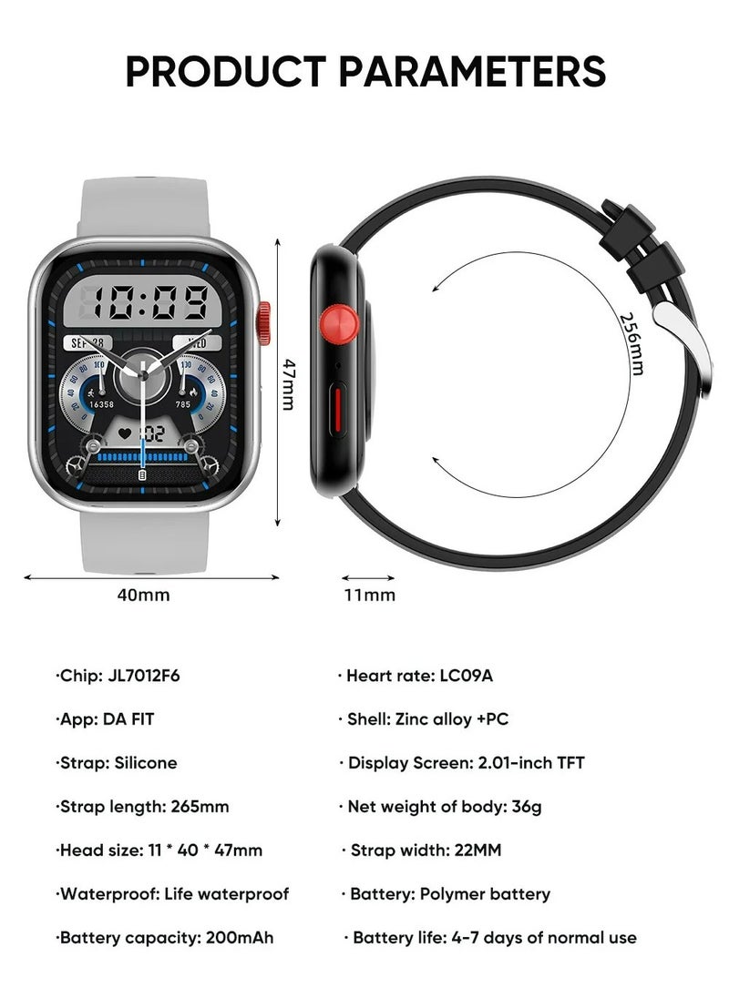 Generic - XZL LC88 Smart Watch - Arabic Operation, Make and Receive Calls, Magnetic Charging, Health Monitoring, Sports Recording, Waterproof Lifestyle, Bluetooth Connection, Remote Selfie, Heart Rate/SpO2/BP/Sleep Monitoring, 100+ Sports Modes, 2.01 Inch HD Touch Screen, Compatible with Apple/Huawei/Samsung/Xiaomi and Other Mobile Phones (Silver) - Great Gift for Men and Women - Image 1