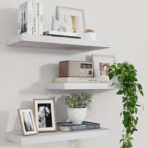 Marsmiles Wood Floating Shelves for Wall Set of 3 17 Inch Wide Rustic Wooden Floating Shelves Invisible Wall Mounted Display for Living Room Bedroom Kitchen Bathroom Office White
