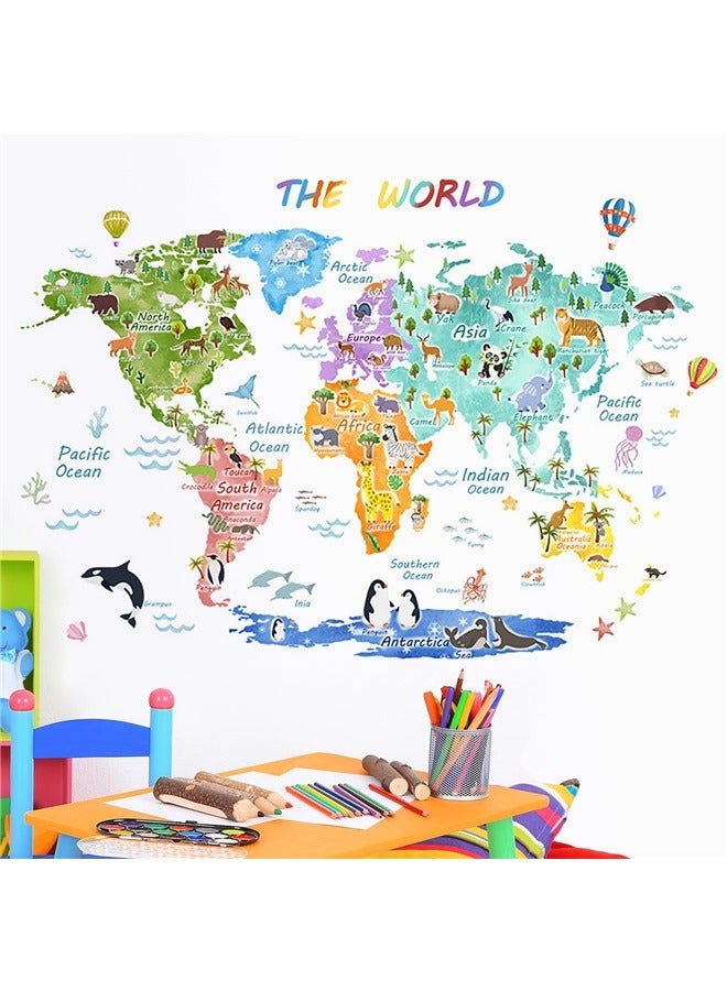 Generic Large Animal World Map Wall Decals Kids Educational Removable World Map Peel and Stick Wall Stickers Landmarks World Map Wallpaper  - Image 1