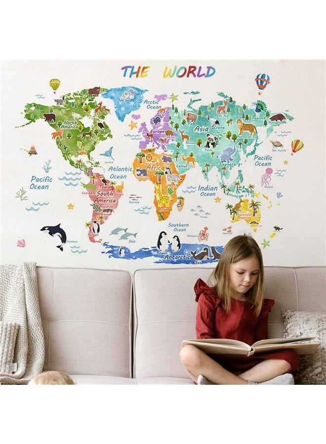 Generic Large Animal World Map Wall Decals Kids Educational Removable World Map Peel and Stick Wall Stickers Landmarks World Map Wallpaper  - Image 3