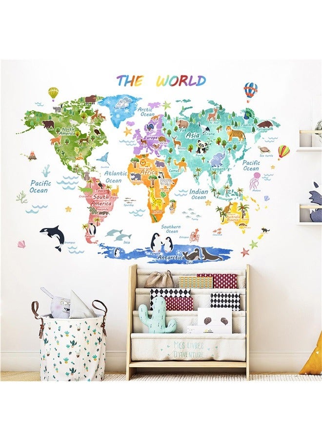 Generic Large Animal World Map Wall Decals Kids Educational Removable World Map Peel and Stick Wall Stickers Landmarks World Map Wallpaper  - Image 4