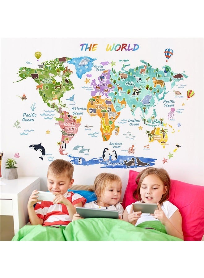 Generic Large Animal World Map Wall Decals Kids Educational Removable World Map Peel and Stick Wall Stickers Landmarks World Map Wallpaper  - Image 5