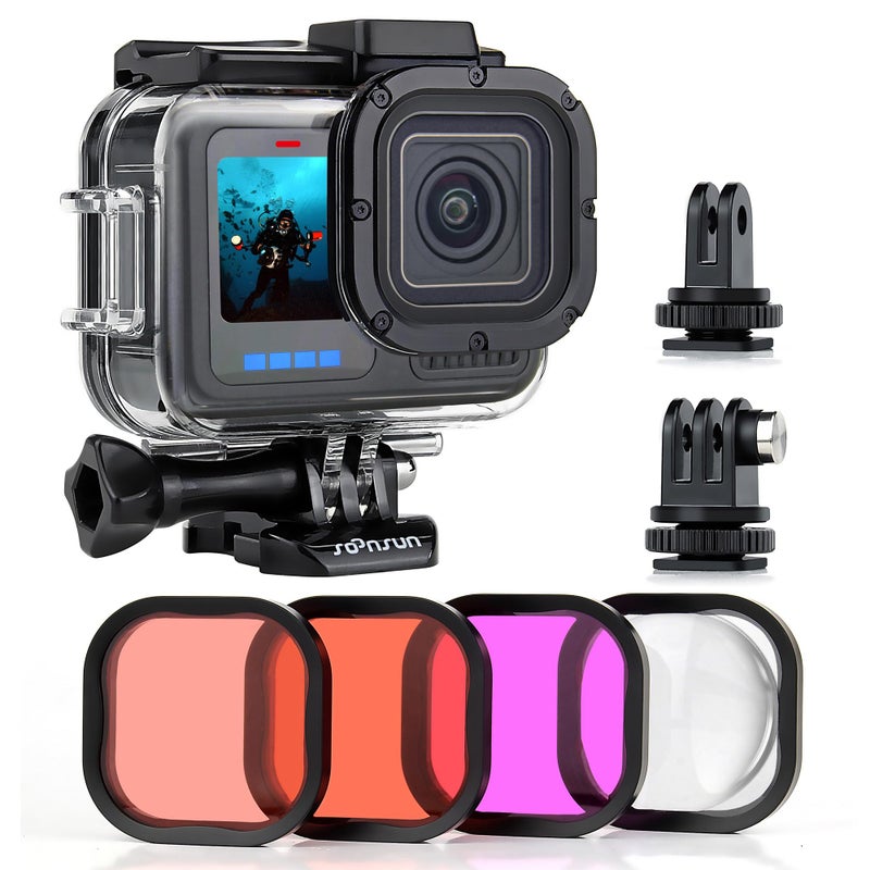 SOONSUN حافظة مقاومة للماء SOONSUN مع فلاتر غوص لكاميرا GoPro Hero 13/12 / 11/10 / 9 باللون الأسود، حافظة غوص واقية تحت الماء حتى عمق 196 قدم مع فلاتر حمراء، حمراء فاتحة، ماجنتا، وفلاتر ماكرو مقربة 5X - Image 1