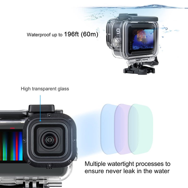 SOONSUN حافظة مقاومة للماء SOONSUN مع فلاتر غوص لكاميرا GoPro Hero 13/12 / 11/10 / 9 باللون الأسود، حافظة غوص واقية تحت الماء حتى عمق 196 قدم مع فلاتر حمراء، حمراء فاتحة، ماجنتا، وفلاتر ماكرو مقربة 5X - Image 2