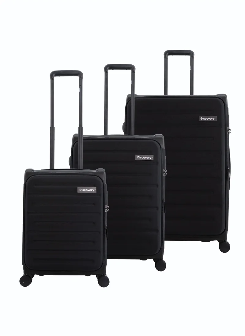 ديسكفري Discovery Motion PP and Polyester Luggage Set Black, Durable Lightweight Unbreakable Suitcase, 4 Double Wheel With TSA Lock 3pcs Trolley Bag (20+24+28 Inch).