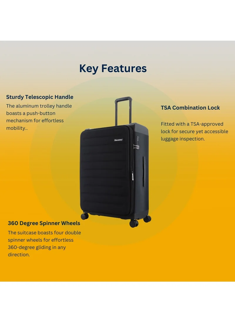 ديسكفري Discovery Motion PP and Polyester Luggage Set Black, Durable Lightweight Unbreakable Suitcase, 4 Double Wheel With TSA Lock 3pcs Trolley Bag (20+24+28 Inch).