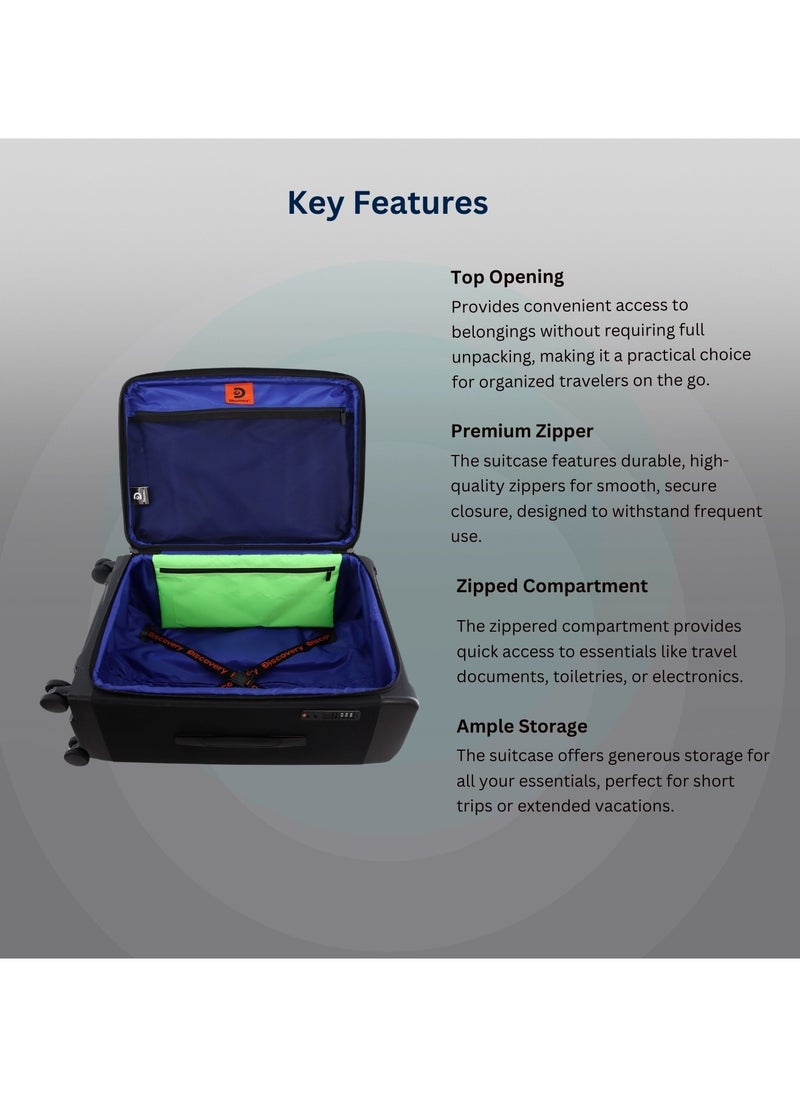 Discovery Motion PP and Polyester Luggage Set Black, Durable Lightweight Unbreakable Suitcase, 4 Double Wheel With TSA Lock 3pcs Trolley Bag (20+24+28 Inch). - pzsku/Z06D6F6F50D6894904C6DZ/45/_/1720624068/6ca15184-cdd8-4ce5-8d04-3ff9c65afd28