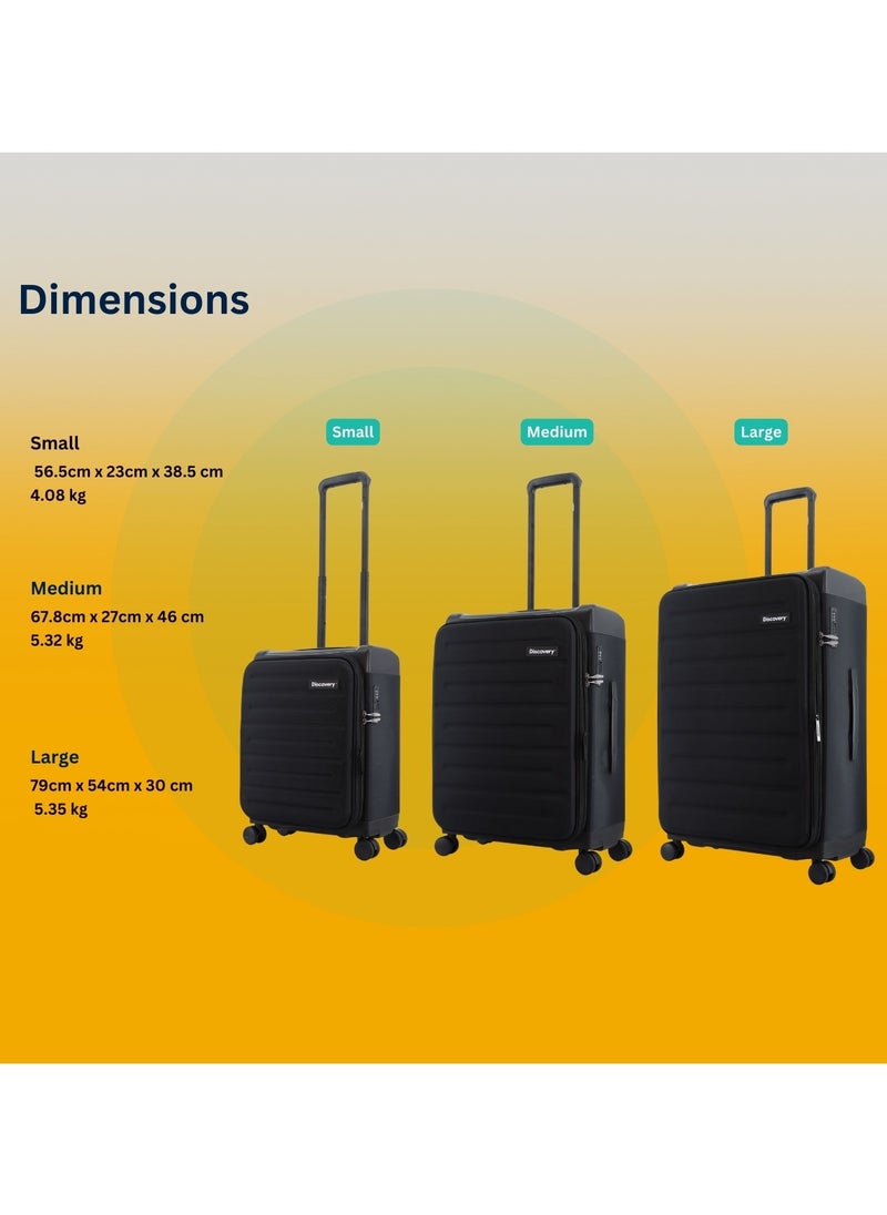 Discovery Motion PP and Polyester Luggage Set Black, Durable Lightweight Unbreakable Suitcase, 4 Double Wheel With TSA Lock 3pcs Trolley Bag (20+24+28 Inch). - pzsku/Z06D6F6F50D6894904C6DZ/45/_/1720624131/353aefd3-454f-48f1-8420-39aa41c276b4