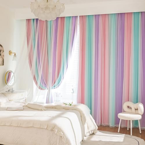 XiDi Blackout Curtains for Girls Kids Bedroom 63 Inches Long 2 Panels Thermal Insulated Colorful Rainbow Pink Curtains with Sheer Overlay Unicorn Wall Decor Princess Drapes Pink Purple Green 34Wx63L - Image 1