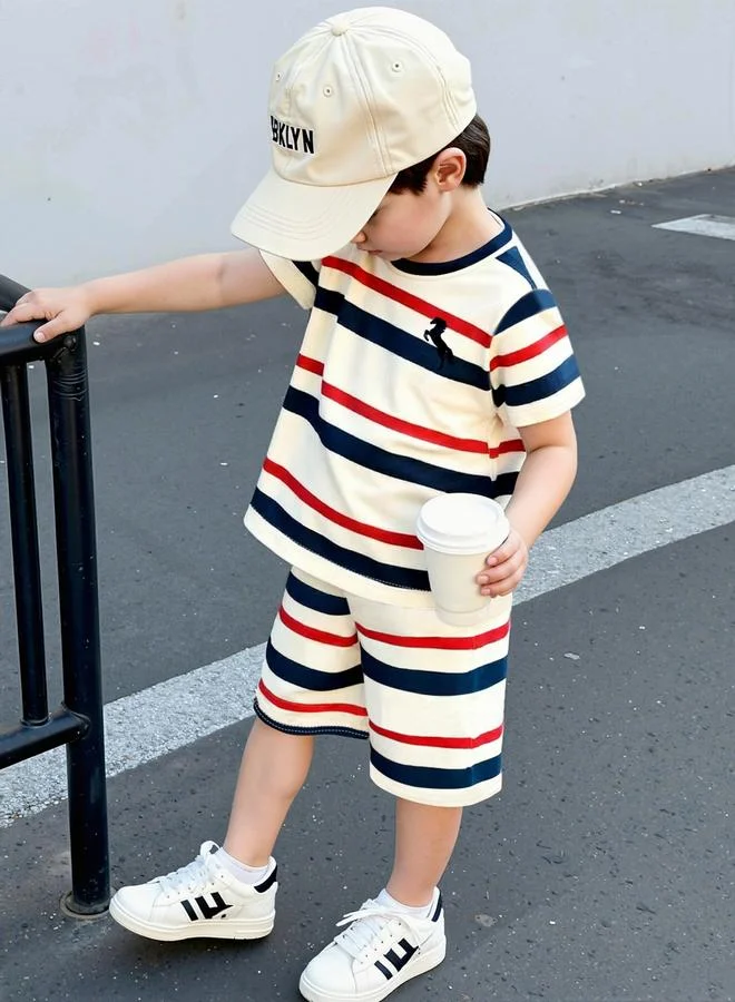 Take Two Boys Striped Round Neck T-Shirt and Shorts Set