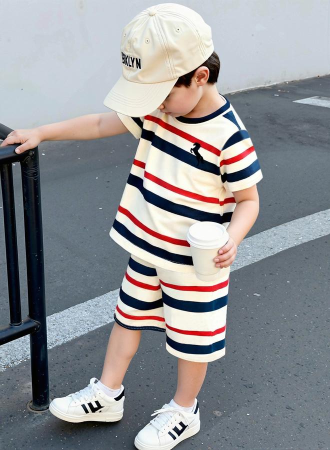 Take Two Boys Striped Round Neck T-Shirt And Shorts Set - Image 1