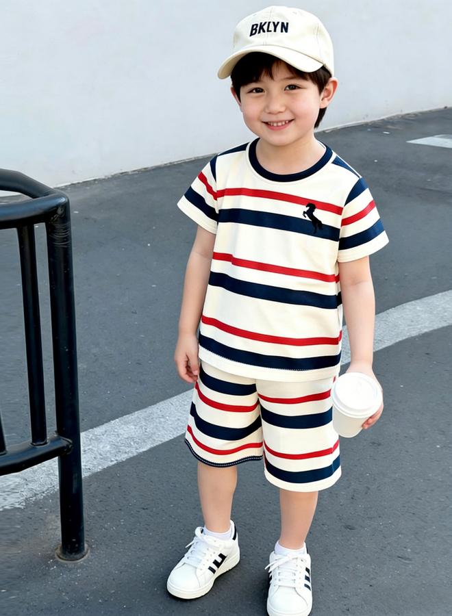 Take Two Boys Striped Round Neck T-Shirt And Shorts Set - Image 3