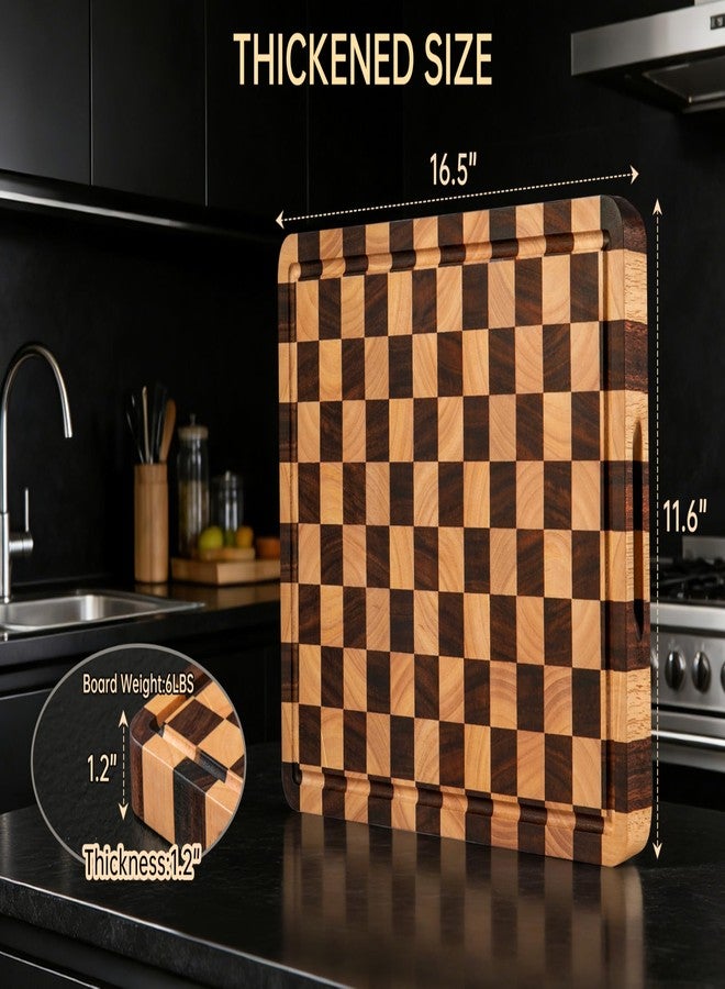 THETCHRY Cutting Boards for Kitchen, Checkered Cutting Board Thickened, Walnut & Rubber Wood Chopping Board with Juice Groove & Handle, Double-sided Butcher Block with Gift Box, 16.5" x 11.6" x 1.2" - Image 5