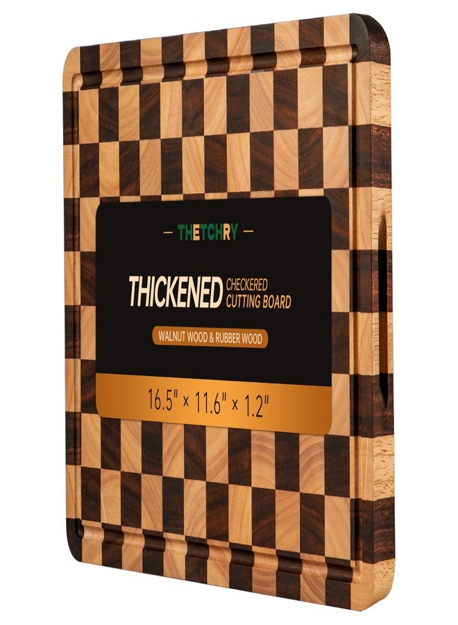 THETCHRY Cutting Boards for Kitchen, Checkered Cutting Board Thickened, Walnut & Rubber Wood Chopping Board with Juice Groove & Handle, Double-sided Butcher Block with Gift Box, 16.5" x 11.6" x 1.2" - Image 1