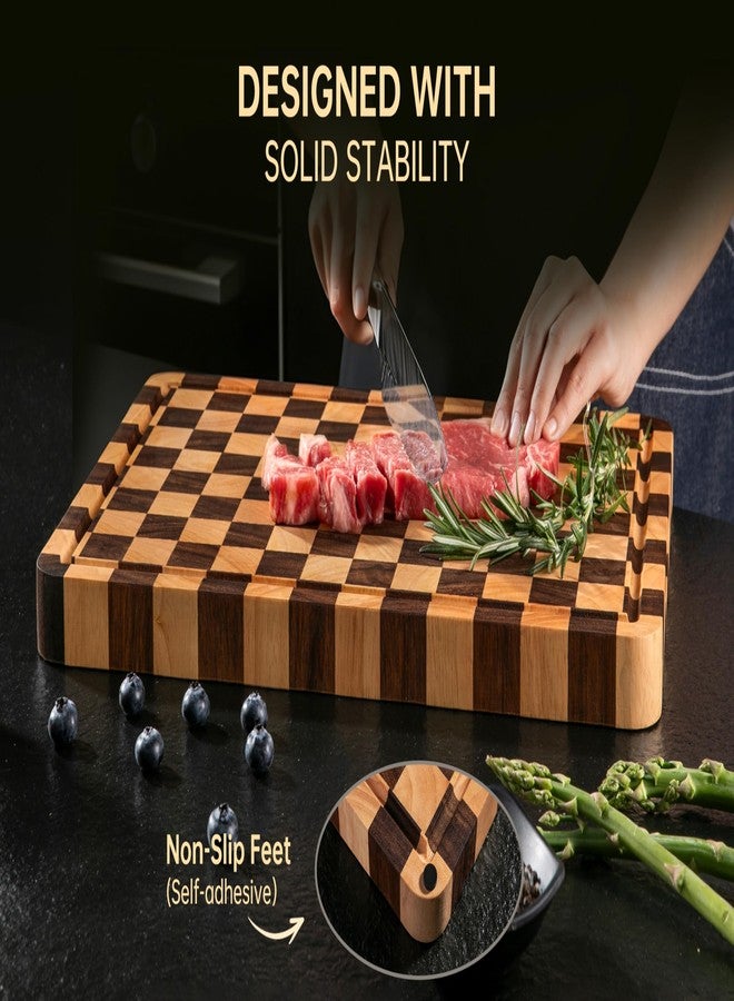 THETCHRY Cutting Boards for Kitchen, Checkered Cutting Board Thickened, Walnut & Rubber Wood Chopping Board with Juice Groove & Handle, Double-sided Butcher Block with Gift Box, 16.5" x 11.6" x 1.2" - Image 3