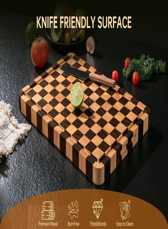 THETCHRY Cutting Boards for Kitchen, Checkered Cutting Board Thickened, Walnut & Rubber Wood Chopping Board with Juice Groove & Handle, Double-sided Butcher Block with Gift Box, 16.5" x 11.6" x 1.2" - Image 4