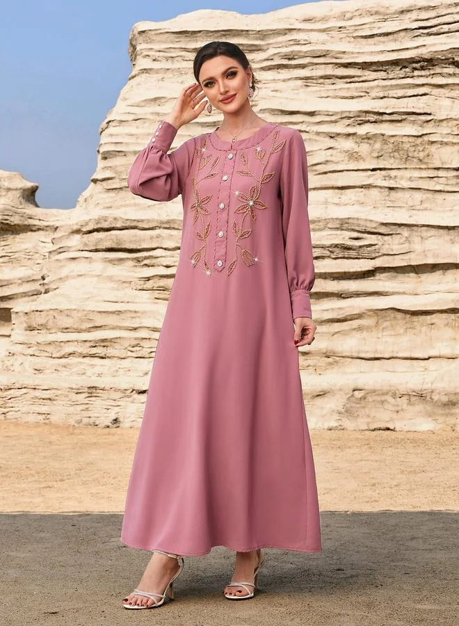 Take Two Take Two Floral Embroidered Round Neck Button Front Jalabiya