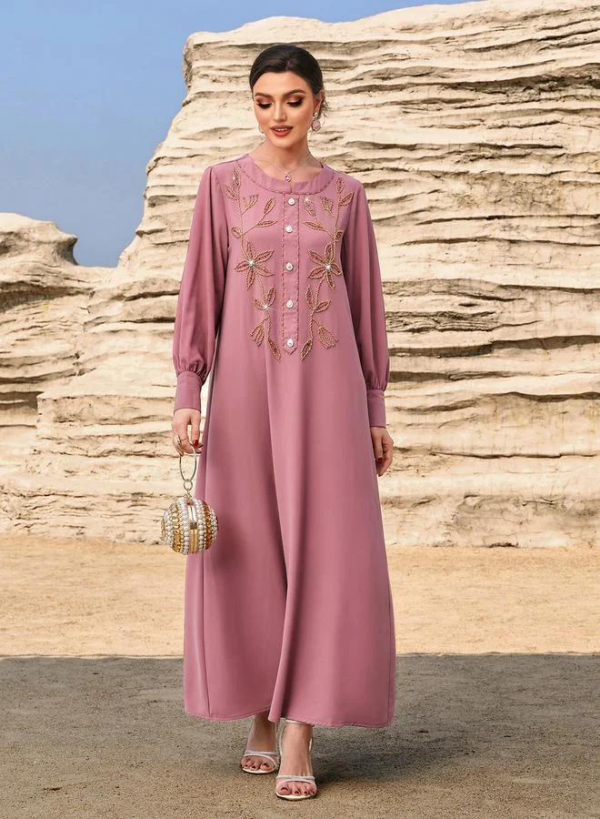 Take Two Take Two Floral Embroidered Round Neck Button Front Jalabiya
