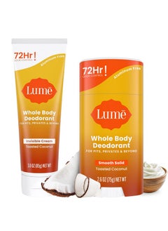 Lume Lume Whole Body Deodorant - Invisible Cream Tube and Solid Stick - 72 Hour Odor Control - Aluminum Free, Baking Soda Free, Skin Safe - 3.0 Ounce 2.6 Ounce Bundle (Toasted Coconut)  - Image 1