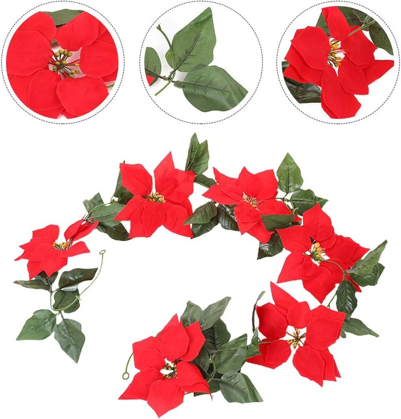 2m Christmas Rattan Garland Ornament Red Flowers Festive Holiday Decoration for Trees Mantels and Stair Railings Create Unique Atmosphere for Family Celebrations - Image 3
