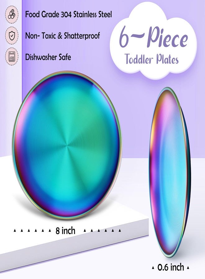 HaWare 6-Piece 18/8 Stainless Steel Plates, Metal 304 Dinner Dishes for Kids Toddlers Children, 8 Inch Colorful Feeding Serving Camping Plates, Reusable Dinnerware, Non-toxic, Dishwasher Safe, Rainbow - Image 2