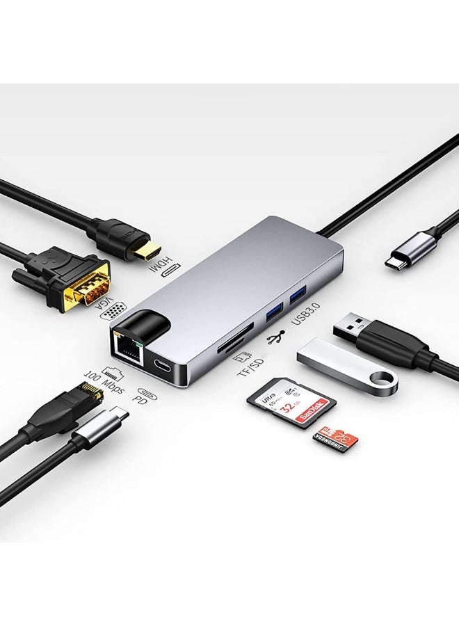 8-in-1 USB C Hub Adapter with 4K HDMI, VGA, 2 USB 3.0, PD Charging, SD/TF, Ethernet, USB C Splitter for MacBook, Dell, HP, Lenovo Laptop - Image 1