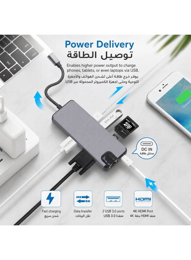 SIGood 8-in-1 USB-C Hub Adapter with 4K HDTV, VGA, 2× USB 3.0, PD Charging, SD/TF, Ethernet — USB-C Splitter for MacBook, Dell, HP, Lenovo Laptops - Image 2