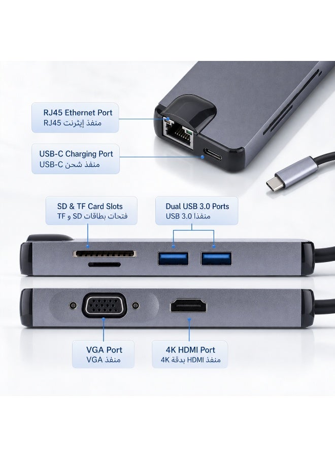 SIGood 8-in-1 USB-C Hub Adapter with 4K HDTV, VGA, 2× USB 3.0, PD Charging, SD/TF, Ethernet — USB-C Splitter for MacBook, Dell, HP, Lenovo Laptops - Image 3
