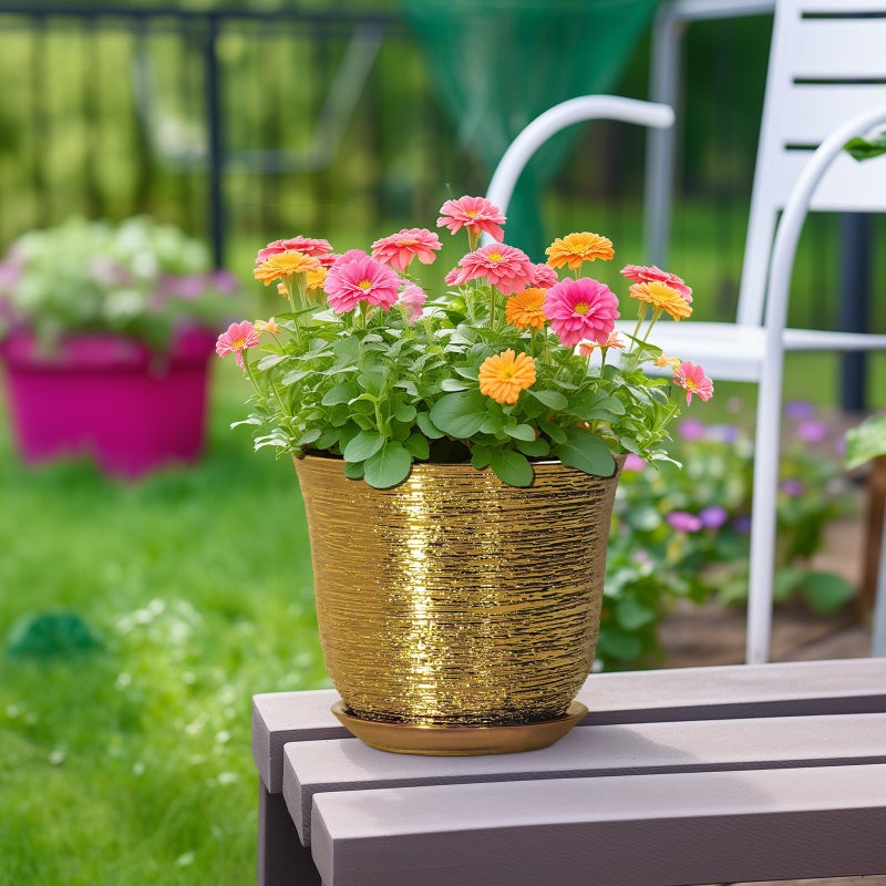 SUNPOTFOR Ceramic Plant Pots - 8 Inch Plant Pot with Drainage Hole and Saucer, Round Planter for Indoor Outdoor, Modern Flower Pot, Decorative Planter, Garden Home Office Decor, Gardening Gifts, Gold - Image 4