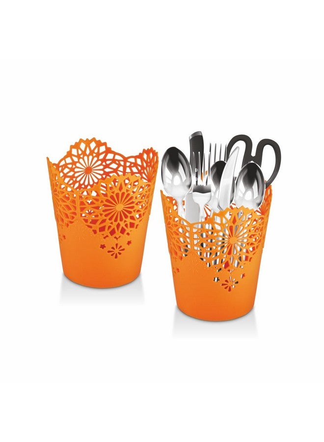 Nayasa Lacy Tall 2 Pcs Cylindrical Basket Set | Portable Basket | Basket Holder | Orange - Image 1