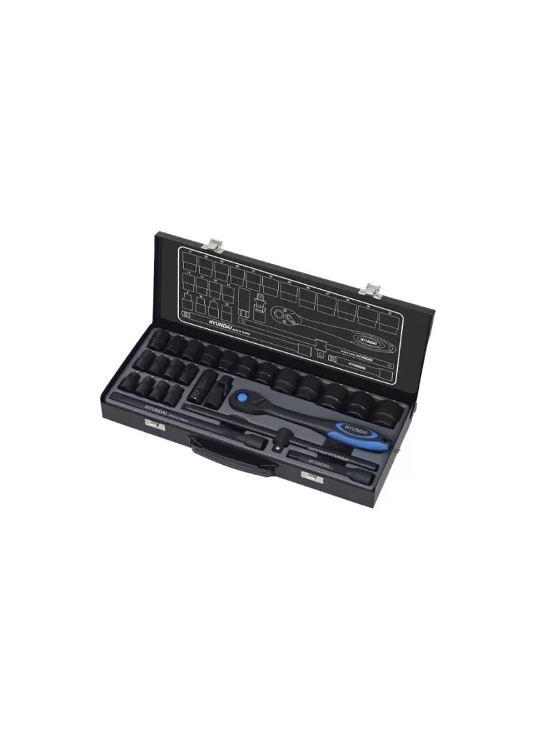 هيونداي طقم مفاتيح سوكيت هيونداي HT-9126 مكون من 25 قطعة بقياس 1/2 بوصة مع مفتاح راتشيت 72 سن، سوكيت شمع، وصلات تمديد وعدة ميكانيكية احترافية - Image 1