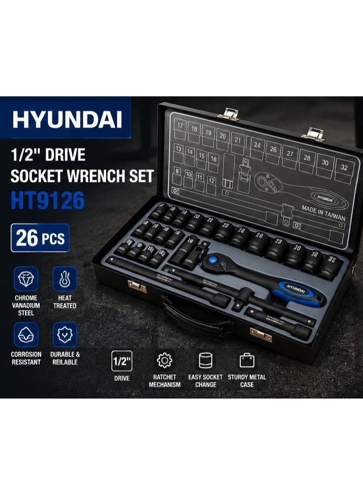 هيونداي طقم مفاتيح سوكيت هيونداي HT-9126 مكون من 25 قطعة بقياس 1/2 بوصة مع مفتاح راتشيت 72 سن، سوكيت شمع، وصلات تمديد وعدة ميكانيكية احترافية - Image 2